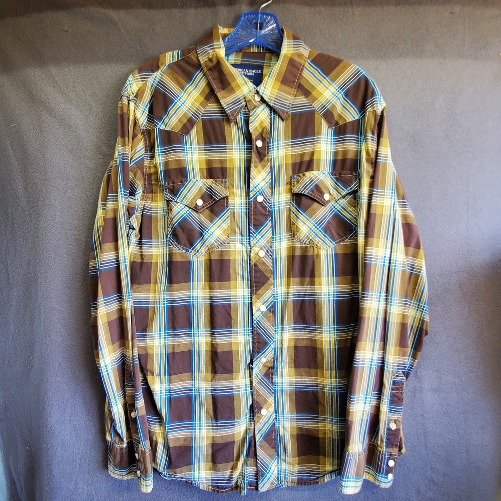 American Eagle Mens Plaid Western Pearl Snap Shirt Brown Yellow Blue Large
